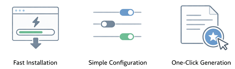 Illustration showing fast setup of JumpsuitAI with simple configuration and one-click llms.txt generation in WordPress
