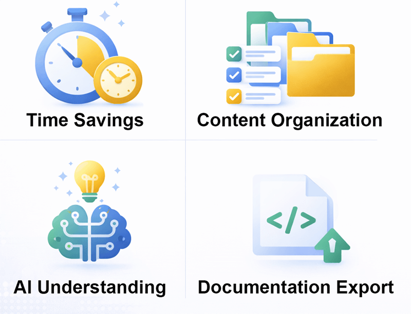 Illustration highlighting key benefits of JumpsuitAI including time savings, content organization, AI understanding, and documentation export