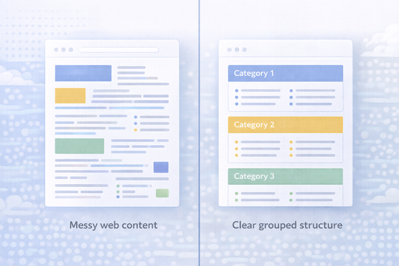 Illustration comparing messy web content with clearly grouped structure created for AI understanding